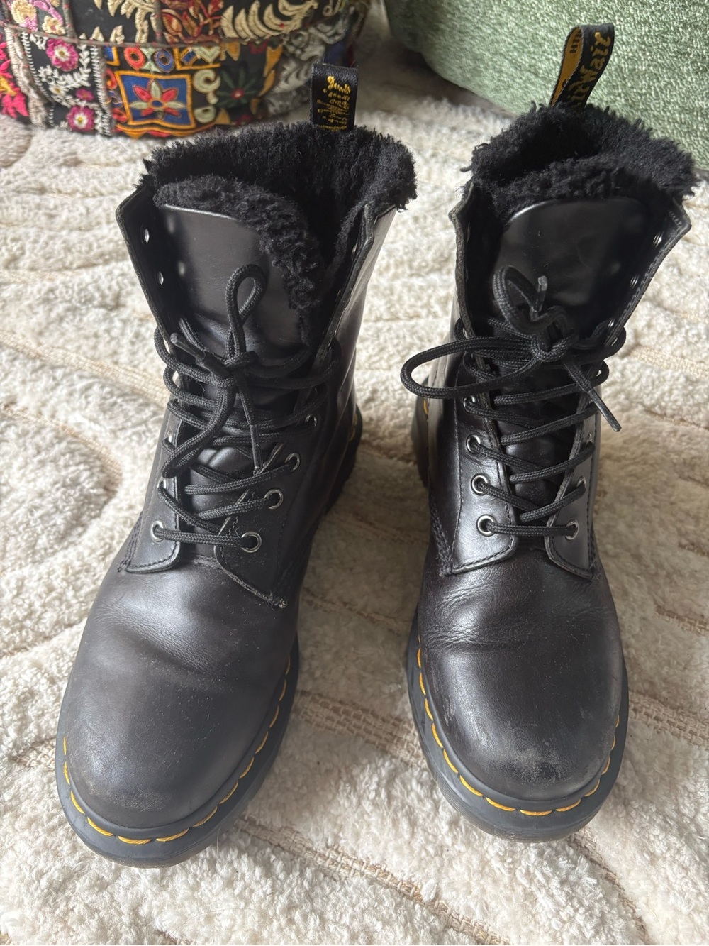 Dr. Martens Women's Black Leather Lace-Up Fur-Trim Boots with Yellow Stitching
